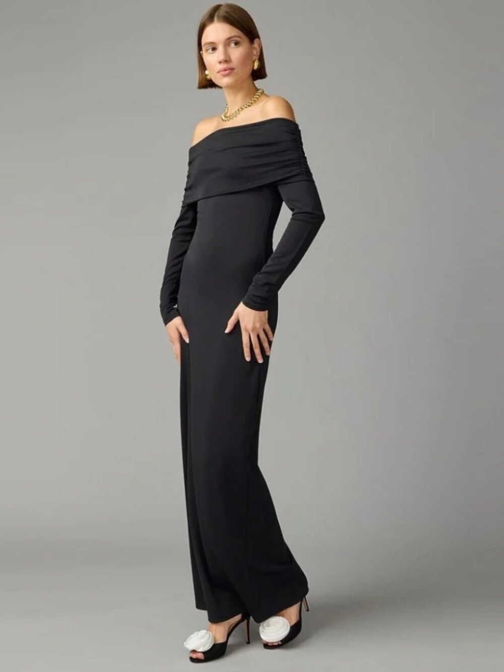 J. Crew  Off-the-Shoulder Maxi Dress Black Matte Jersey LBD Size S